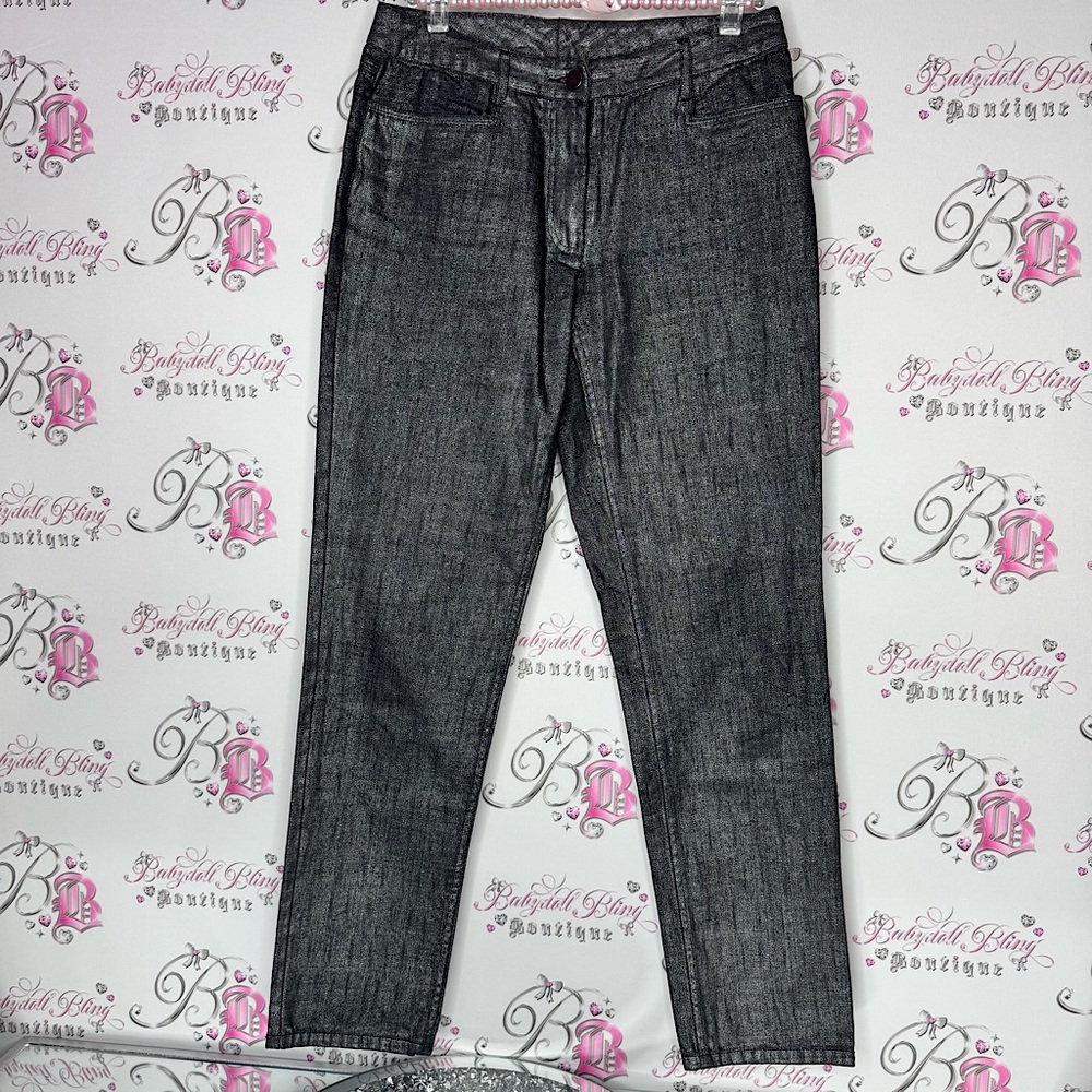 Spanner shiny pants Black silver straight leg Jeans zippers back pockets sexy